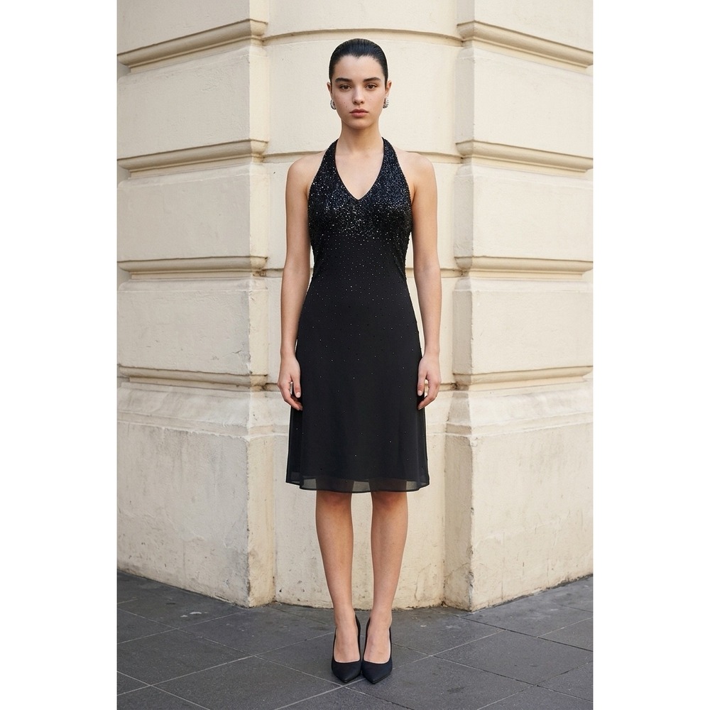 Cachet Black Beaded Halter Neckline Sheath Dress Size 6 Evening Cocktail